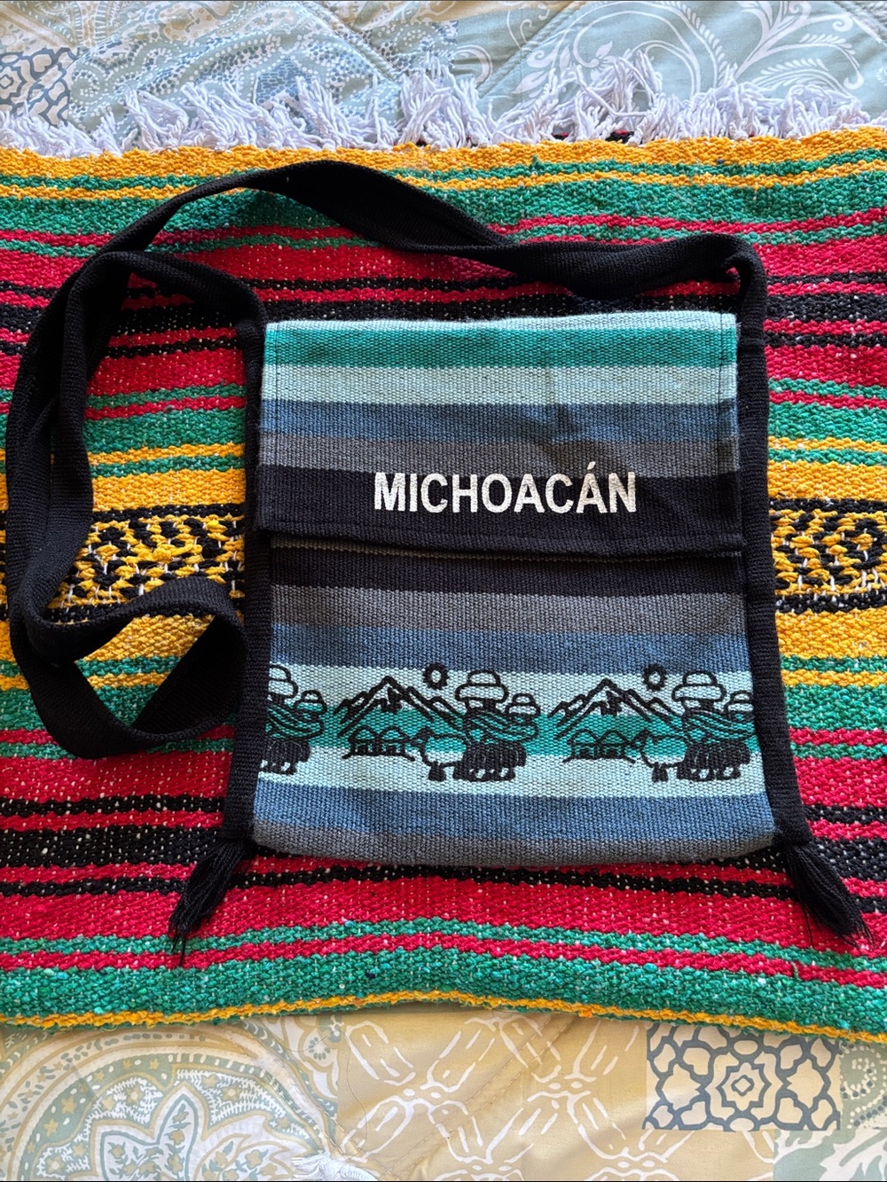 Michoacán Striped Crossbody Bag in Teal and Black